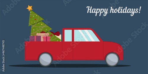 Vector illustration of a red car with a Christmas tree and gifts. Can be used to create Christmas designs for brochures, cards, posters, flyers.
