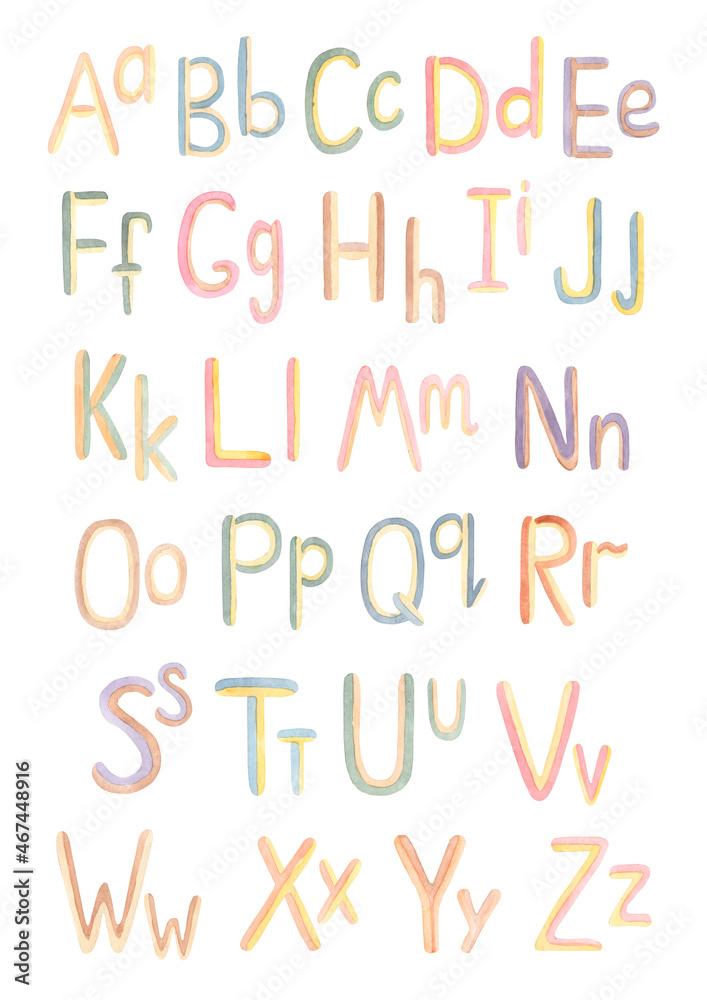 Watercolor hand drawn Rainbow Alphabet clip art, ABC Poster, Kids Educational illustration, Nursery Wall art, Beige Letters Print, School Children Font Watercolor hand drawn Rainbow Alphabet clip art, ABC Poster, Kids Educational illustration, Nursery Wall art, Beige Letters Print, School Children Font