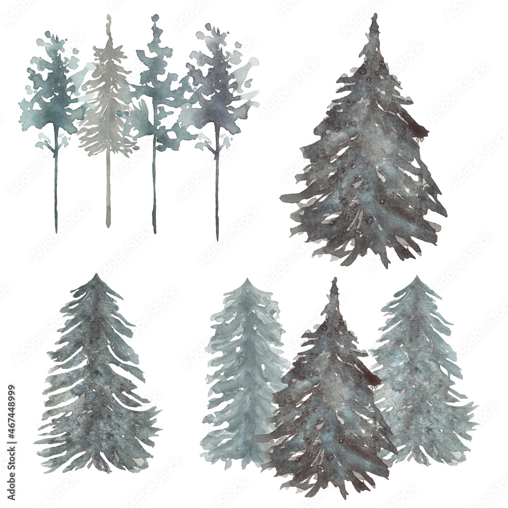 Obraz premium Forest tree Clipart, Watercolor Woodland trees, Winter Foggy landscapes, Pine forest illustration, Wedding invites, card making, logo design