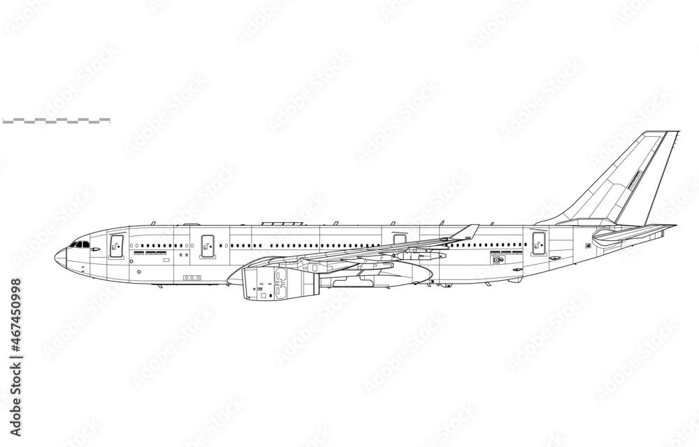 Airbus Voyager KC3. A330MRTT. Vector drawing of aerial refueling tanker and transport aircraft. Side view. Image for illustration and infographics. - obrazy, fototapety, plakaty 