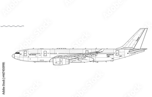 Airbus Voyager KC3. A330MRTT. Vector drawing of aerial refueling tanker and transport aircraft. Side view. Image for illustration and infographics.