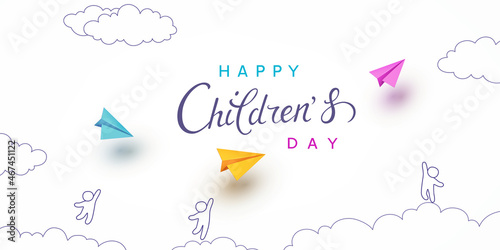 Children's Day with flying colorful 3d paper balloons and airplanes on sky background. Vector doodle cartoon kids, planes, ballons poster template