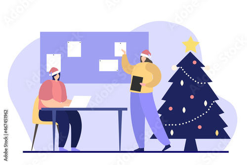 Flat cartoon character working from home during holidays. Working from home, self-employement, freelancing. People work at computers and laptops in modern interior.
