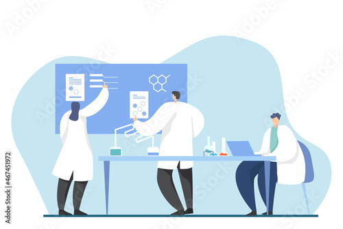 group of scientists work in laboratory. research lab, virus and blood researches. cartoon men and women scientist characters work in laboratory vector illustration.