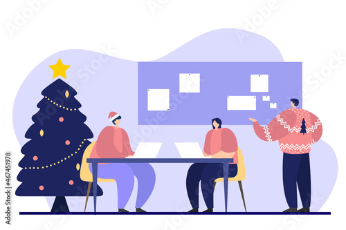 Flat cartoon character working from home during holidays. Working from home, self-employement, freelancing. People work at computers and laptops in modern interior.