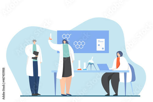 group of scientists work in laboratory. research lab, virus and blood researches. cartoon men and women scientist characters work in laboratory vector illustration.