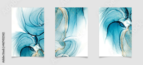 Cyan mint liquid marble watercolor background with gold dots. Teal turquoise marbled alcohol ink drawing effect. Vector illustration backdrop, watercolour wedding invitation, menu or rsvp