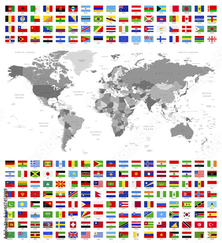 Detailed map of the world and flags of all countries.