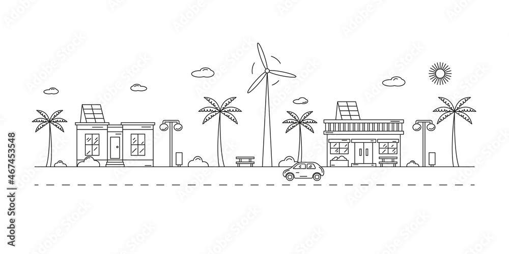 Monochrome urban landscape with town street or district. Editable stroke. Energy saving. Eco energy. Cityscape with living houses. Vector illustration