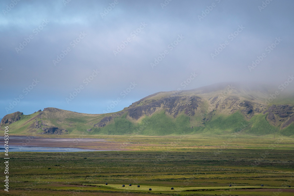 Obraz premium Grassy landscape near the Black Sand Beach Vik South Iceland