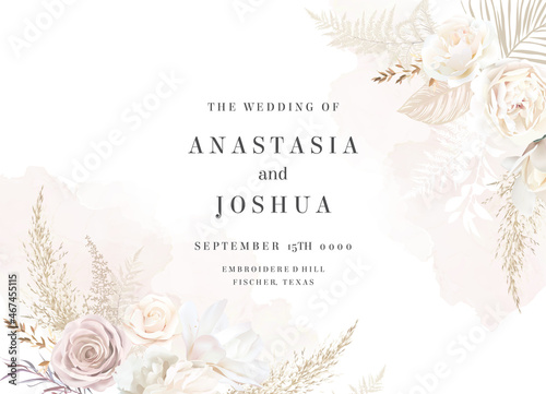 Modern beige and blush trendy vector design frame. Pastel pampas grass, fern, white peony