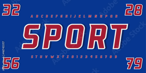 American football alphabet. High font, red letters and numbers with white contour. Contemporary type for modern team t-shirts and sports brand merch. Vector typographic design