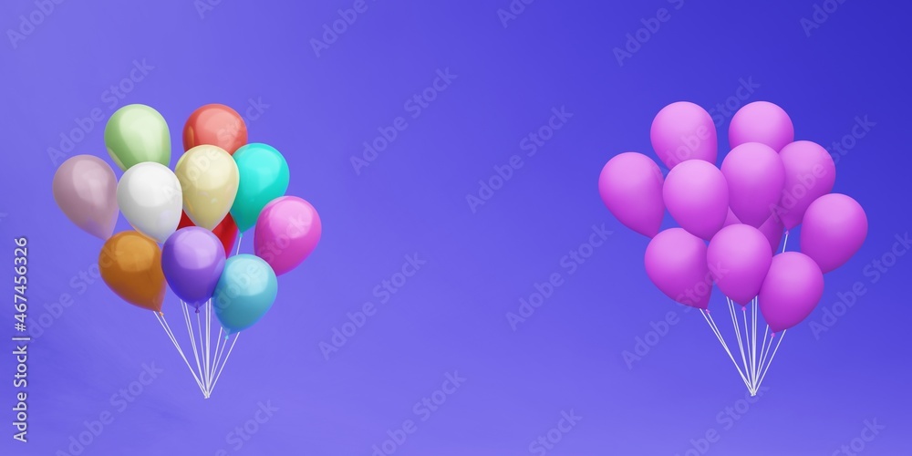 3D rendering. A set of flying colorful balloons for parties and celebrations. Matte and shiny. Isolated on a blue background. Helium ballons.