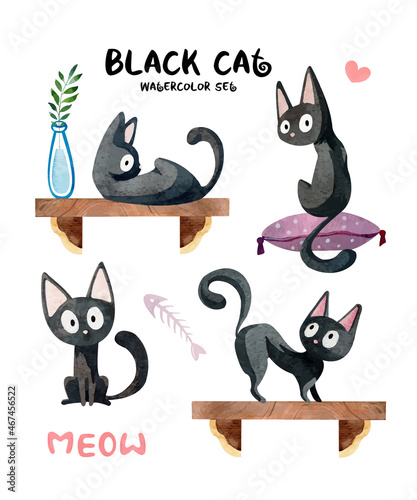 Watercolor set with cute black cats in different situations