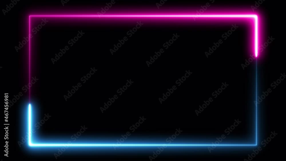 Abstract seamless looped neon frame animation background. Blue purple neon light line running on black. Glowing rectangle frame with empty space for logo or text. Alpha channel included.