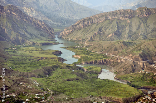 View of the surrounding area of Gunib village. Valley of the Karakaisu river, Dagestan, Russia.