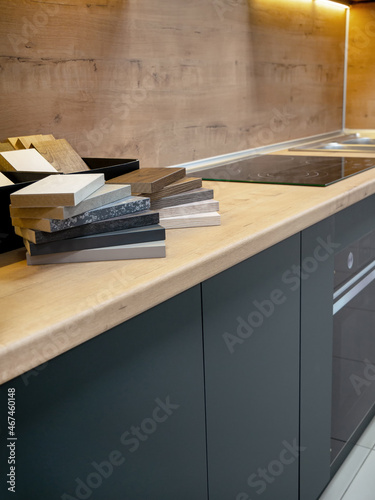 Furniture production. Samples of multi-colored finishing material based on laminated chipboard and MDF. Showcase