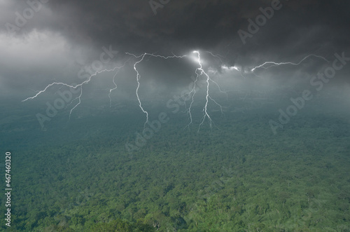 Fototapeta Naklejka Na Ścianę i Meble -  Dangerous lightning over green rainforest in rainy storm season in Asia