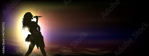 Singer under the glowing multicolor Bright Lights. Original Vector Illustration. Silhouette of a female singing with yellow spotlights in the background. Ideal for Live Music Concept