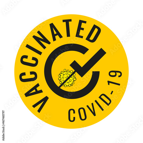 Vaccinated label. Icon medical syringe with needle in flat style, concept of vaccination COVID-19, injection, isolated vector illustration