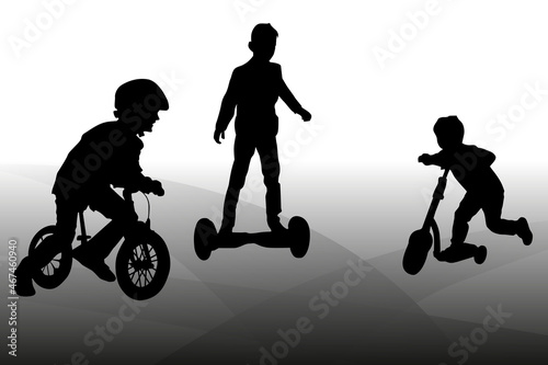 Group of children riding scooter vector silhouette. Kids on kick board enjoying together.Hand drawn silhouettes of children playing.