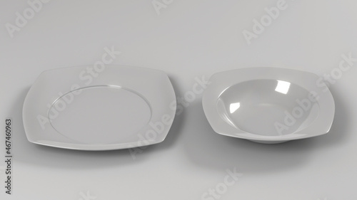 3d rendering of two modern white porcelain dishes, on white background