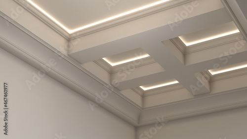 3d rendering of a coffered ceiling with classic molding and linear concealed led illumination