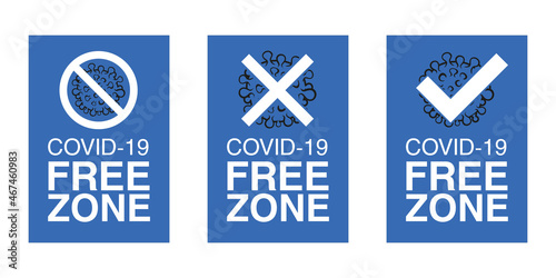 Set of Covid free zone signs. An information banner for greeting customers, business, opening a store, cafe, shops, restaurants. Sign for public places COVID-19 free zones and disinfect areas. 