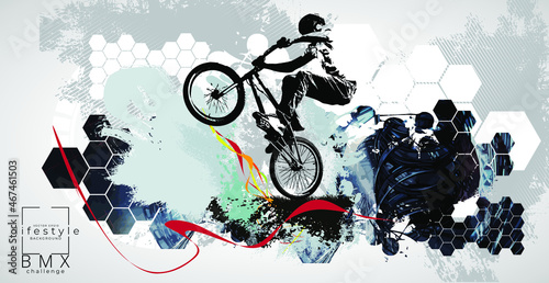 Fotografering Active man. BMX rider in abstract sport background, vector
