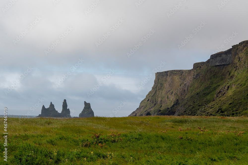 Cloudy landscape of meadow and cliffs in Vik South Iceland