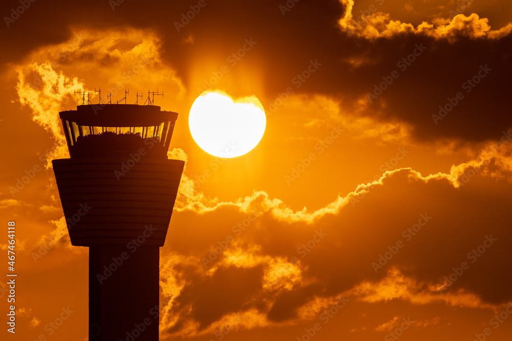 Fototapeta premium Sunset control airport tower Dublin Ireland
