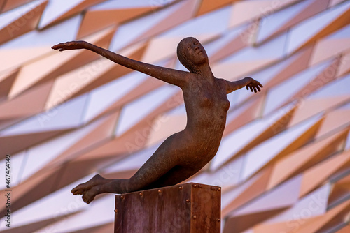 The statue of Hope outside the Titanic exhibition centre at Hamilton Dock Titanic is a world-leading visitor attraction which tells the story of RMS Titanic,  Belfast Northern Ireland