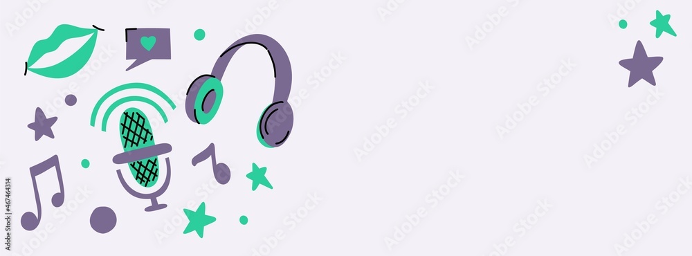 Fototapeta premium Podcast banner with professional microphone, lips, headphones, musical notes. Broadcasting or recording studio vector illustration for cover design, blogs and social media. Doodle hand drawn style.