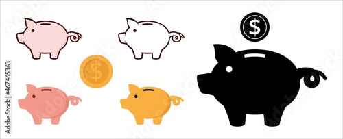 Piggy bank icon set. Cute pig shaped money box with its falling coin. Symbol of money saving or deposit. Curly tailed baby pig moneybox vector icons illustration.