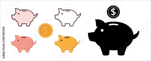 Piggy bank icon set. Cute pig shaped money box with its falling coin. Symbol of money saving or deposit. Straight up tailed baby pig moneybox vector icons illustration.