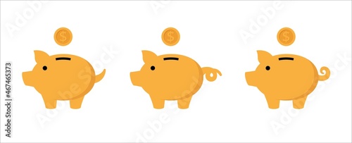 Piggy bank icon set. Cute pig shaped money box with its falling gold coin. Symbol of money saving or deposit. Curly tailed baby pig moneybox vector icons illustration.