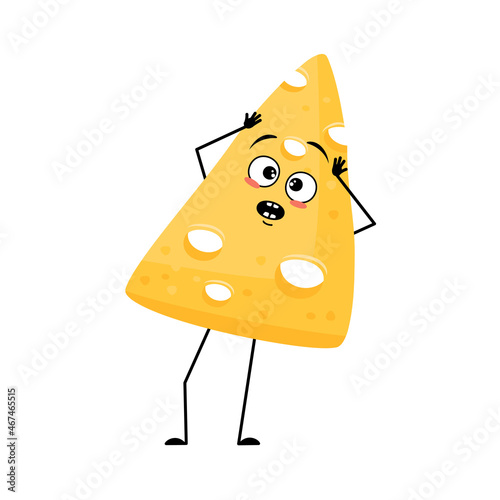 Cute cheese character with emotions in panic grabs his head, surprised face, shocked eyes, arms and legs. Fun dairy meal or snack. Vector flat illustration