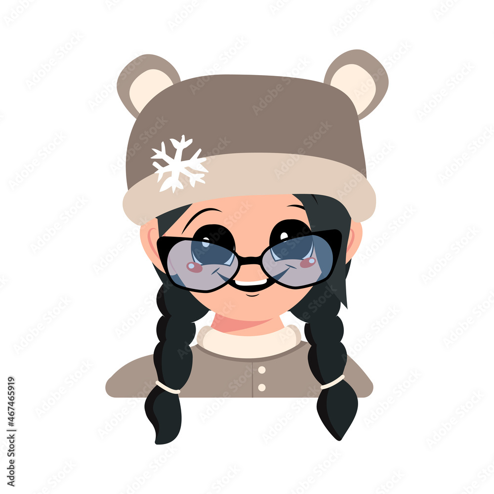 Girl with big eyes with glasses and wide smile and black hair in bear hat with snowflake. Cute child with happy expression in winter headdress. Head of adorable kid with emotions