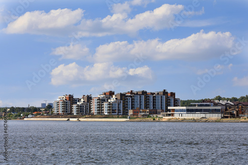 View of the new residential neighborhood on the banks of the Volga river. Kazan, Republic of Tatarstan, Russia.