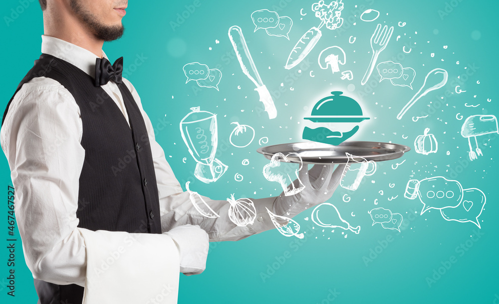 Waiter holding silver tray with food icons above Waiter holding silver tray with food icons above