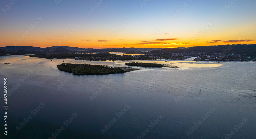 Sunrise aerial waterscape panorama