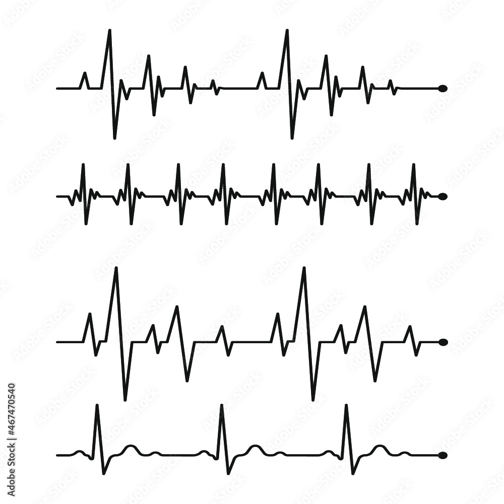 Set black cardiogram lines isolated on white background.