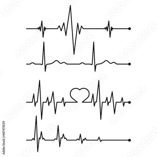 Set black cardiogram lines isolated on white background.