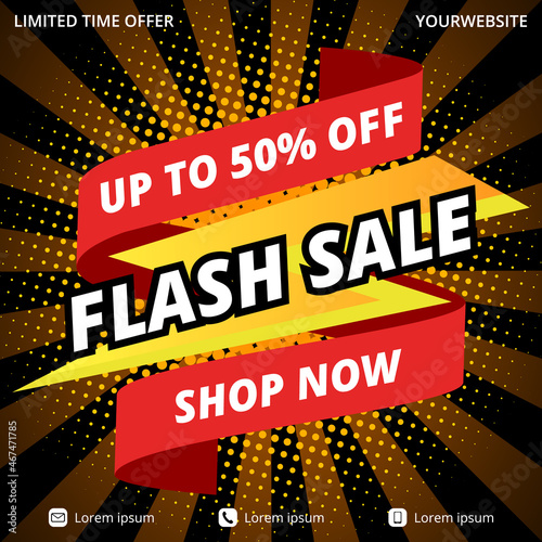 Flash sale banner with a lightning strike and ribbon illustration