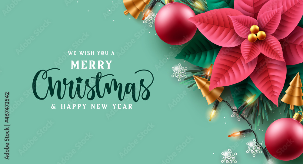 Christmas vector background design. Merry christmas greeting text with xmas light and poinsettia element for holiday season card decoration. Vector illustration. 

