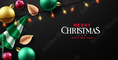 Christmas greeting vector background design. Merry christmas greeting text with xmas light elements in black elegant empty space for holiday season card decoration. Vector illustration. 
