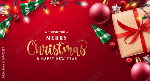 Merry christmas vector background design. Christmas greeting text with gift present, balls, and xmas lights element for holiday season card decoration. Vector illustration. 
