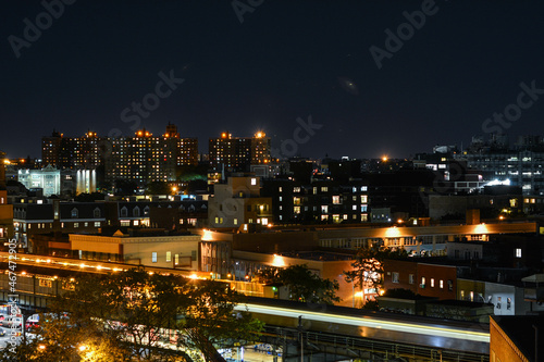 Night cityscape perspective with moving train using long exposure 
