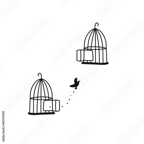 vector graphic of line art cage with a bird