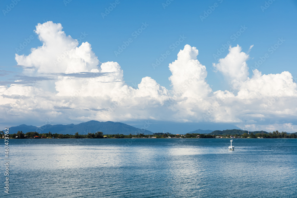 Beautiful landscape with boats and sea , view seascape bay with mountains . 